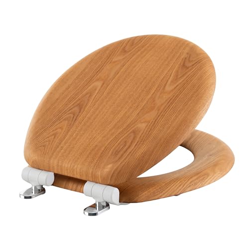Topseat Wood Toilet Seat in Oak Round Soft Close Magnetic Quick-Release for Easy Cleaning Arch-Tite Never Loosens Adjustable Fit