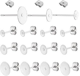 PandaHall Elite 60 Sets 3 Size Blank Earring Pins 304 Stainless Steel Flat Round Blank Peg & Post Ear Studs Findings Wth Earring Safety Backs Clutch, Stainless Steel Color