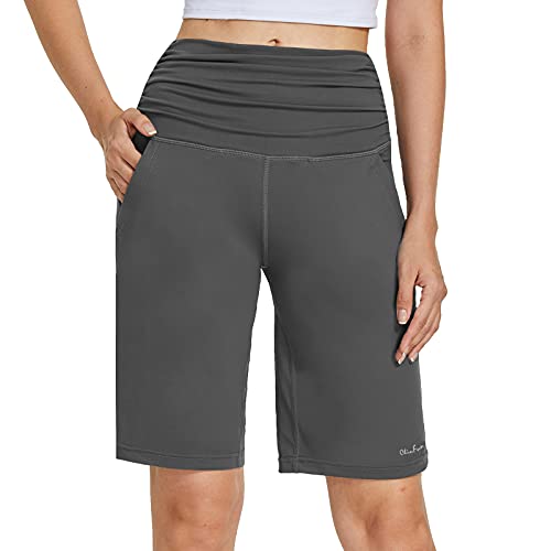 ChinFun 25,4 cm große Bermuda-Shorts für Damen, hohe Taille, plissiert, Yoga, Laufen, Athletik, lange Shorts mit Taschen, grau, XX-Large Cover