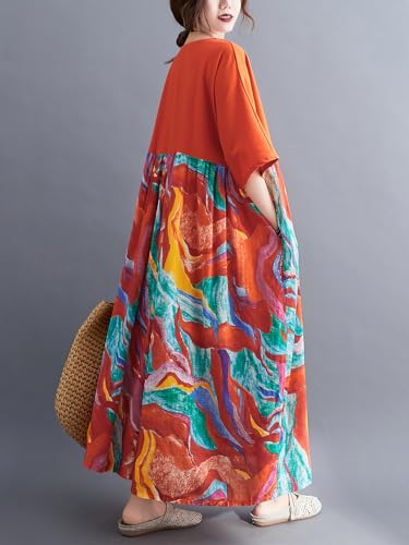 Image of Women's Oversized Dress Plus Size Summer Dress Artsy Print Pathwork | Loose, Oversized Cut Baggy Dresses. O Neck with Pockets. Breathable Viscose Fabric for Summer. Colorful Print Patchwork