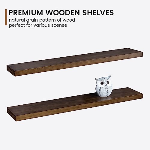 Floating Shelves 36 Inches Long - 8 Inch Deep Rustic Solid Pine Wood for Storage - Farmhouse Wall Mounted for Living Room - Heavy-Duty Metal Bracket - 36" W x 8" D - Set of 2 - American Walnut Color - Image 5