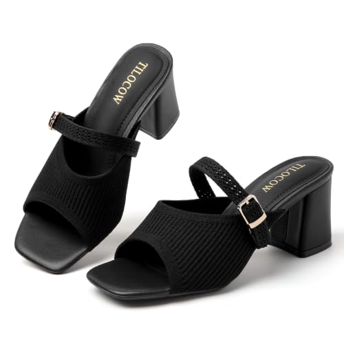 Image of Tilocow Knit Heeled Sandals for Women Square Open Toe Heeled Mules Chunky Block Low Heel Slip On Slides