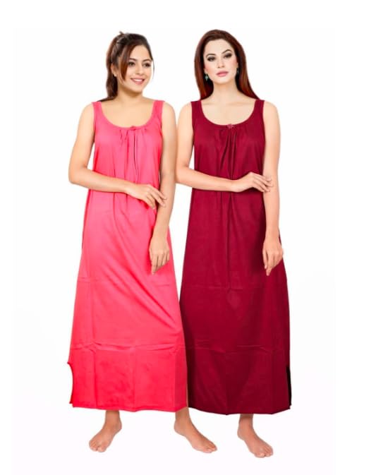 Image of Women's Sleeveless Maxi Night Dress, Spaghetti Strap Nighty, Comfortable Sleepwear Pack of 2