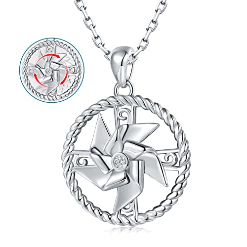 HUAIYU 925 Sterling-Silver Fidget Pinwheel Necklace for Anxiety - Twist Circle Round Rotatable Windmill Necklace Spinner Pendant Jewelry Gifts for Women