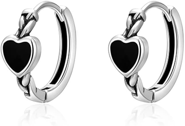 SLUYNZ 925 Sterling Silver Black Heart Hoop Earrings for Women Teens Heart Huggie Earrings Hoop