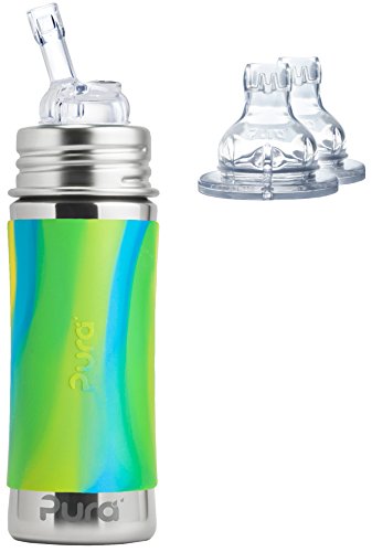 Pura Kiki Stainless Steel 11 Ounce Bottle with Silicone Straw Plus 2 XL