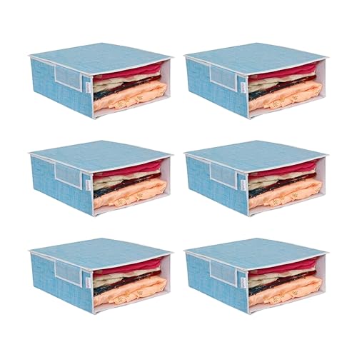 Image of PRETTY KRAFTS Stackable Fabric Saree Storage Organizer for wardrobe, Clear front window with Lid, Stackable organizers, Perfect to organize sarees in a wardrobe, Set of 6, JuteBlue