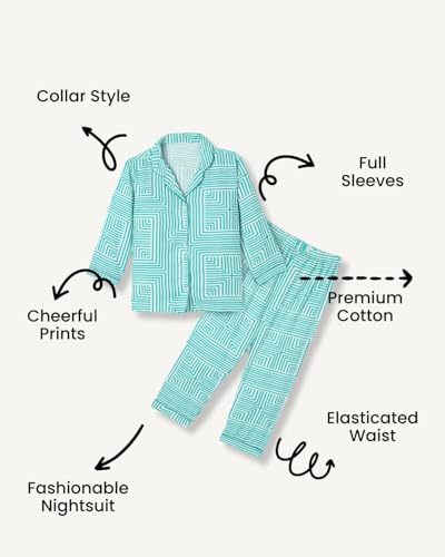Image of Girls Premium Cotton Full Sleeves Printed Nightsuit Set | Collar Style Night Dress for Girls | Soft & Breathable Pajama Set | Trendy Kids Sleepwear & Nightwear