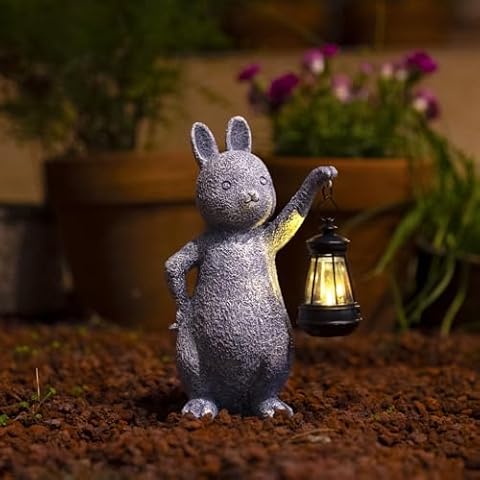 Jy.Cozy Garden Rabbit Statues - Adorable Resin Easter Figurines with Solar LED Lantern Lamp - Outdoor Rabbit Decor Solar Light for Yard, Patio, Lawn, Porch - Gift Ornament Cover