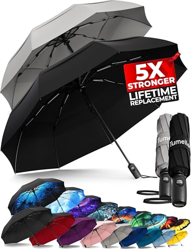 Image of TUMELLA Strongest Windproof Travel Umbrella (Compact, 100MPH Wind-Tested), Light, Portable, One-Handed Use, Automatic Folding Rain Umbrella, Durable, Premium Grip, Fits Car & Backpack