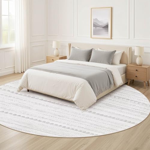 Nakagishi Round Rug Boho Area Rugs: 8x8 Washable Large Circle Neutral Soft Stain Resistant Non-Slip Carpet for Women Aged 25-45 Farmhouse Home Decor Enthusiasts - Living Room Bedroom Dining Room