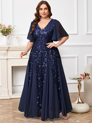 ZOMVA Plus Size 0X-4X Sequin Embroidery Formal Long Dress Glitter V-Neck A Line Prom Dress Wedding Evening Gown4