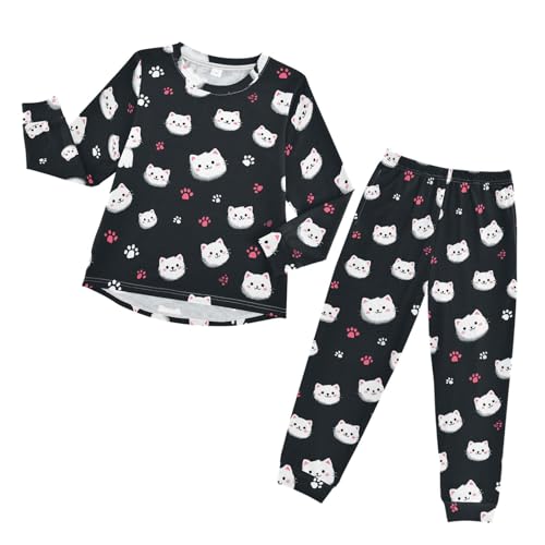 Long Sleeve Pajama Set for Girls Boys Kids,Cute White Cats Pattern Comfy Nightwear Soft Loungewear,Family Matching PJs Underwear Set 4T