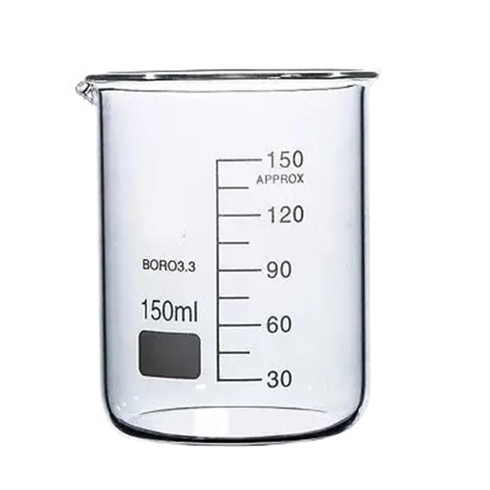 Vaso de precipitados de borosilicato Transparente de 150 ml, Vaso de precipitados de Vidrio con Pico para Laboratorio, Espesado químicamente, 1 Unidad