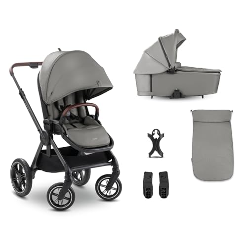 hauck Comfort N Care Set Cochecito 2in1 | Carrito Bebé desde Nacimiento hasta 22 kg - Capazo XL - Ruedas de Aire con Suspensión - Silla de Paseo Ligera Reversible y Reclinable - Adaptador - Gris