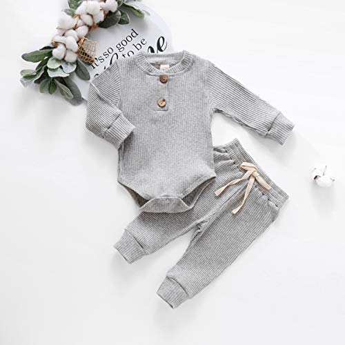 Aweyoo Newborn Unisex Baby Winter Clothes Set Baby Girl Boy Clothes Solid Long Sleeve Romper Bodysuit Tops Pants 2Pcs #TOP2