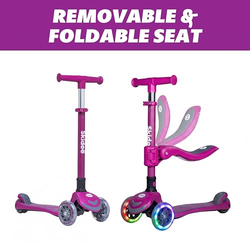 Image of SKIDEE Kick Scooter for Kids Ages 3-5 | Foldable 3 Wheel Scooter with Lean-to-Steer, Adjustable Height, Removable Seat & LED Light Wheels | Toddler Scooter Up to 12 Year Old Boys /Girls