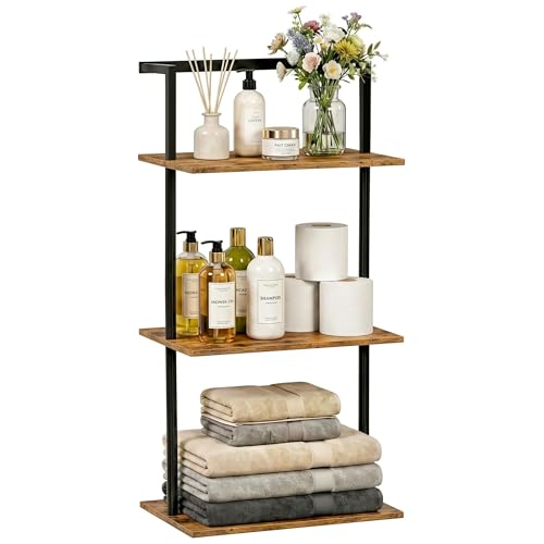 JEPRECO 3-Tier Over the Toilet Storage Rack, Metal Wood Wall Mounted Floating Shelves for Bathroom...