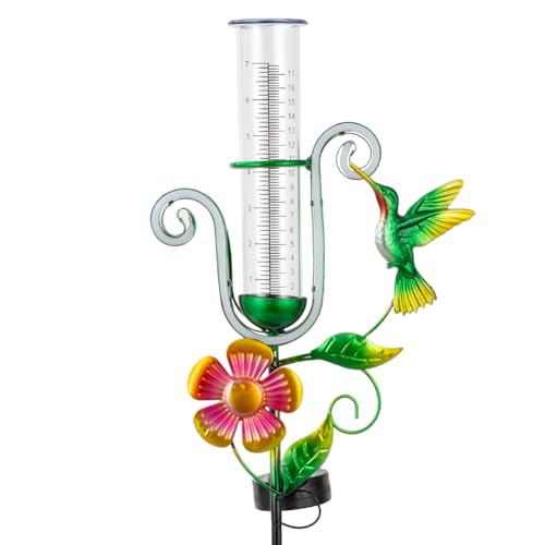 Stargarden Medidor de lluvia solar para exteriores, medidor de lluvia solar de colibrí, medidor de lluvia de metal con tubo de 7 pulgadas, medición decorativa de lluvia para patio, decoración de