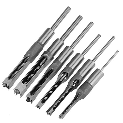 Square Hole Mortise Drill Bit Set， Saw 6Pcs HRC 48-50 Steel 200mm/7.8in Length Square-Hole Auger Mortising Chisel Woodworking Tool