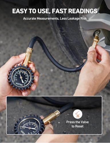AstroAI Heavy Duty Tyre Pressure Gauge, 100 PSI Certified ANSI B40.1 Accurate with Large 2" Easy Read Glow Dial, Durable Rubber Hose and Solid Brass Construction for Car Truck Motorcycle - Image 3