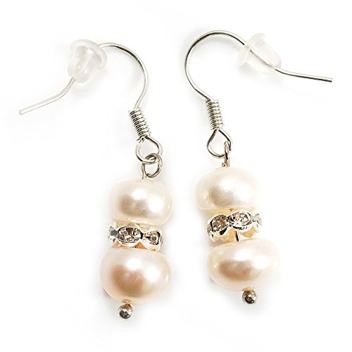 Small White Freshwater Pearl Crystal Drop Earrings (Silver Tone) -