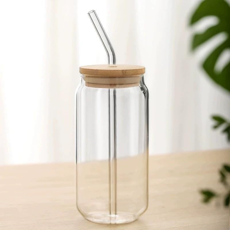 Image of Kamvy Ice Juice Drinks Glass Mug with Straw for Milk, Coffee, Green Tea Cup Set of 1 | 500ml Transparent Can Shape Drinking Cup (CAN with Wooden LID)