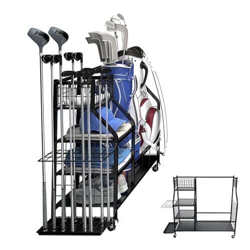 Estante para bolsas de golf extra grande con ruedas para organizar todo el equipo en el hogar