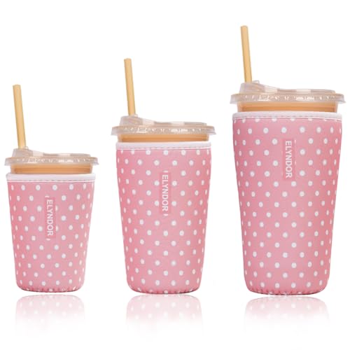 Image of Reusable Insulated Sleeve for Iced Coffee Cup, 3-Pack Coffee Neoprene Drink Sleeve for Cold & Hot Drinks, Beverage Holder for Iced Coffee (Pink Polka Dots)
