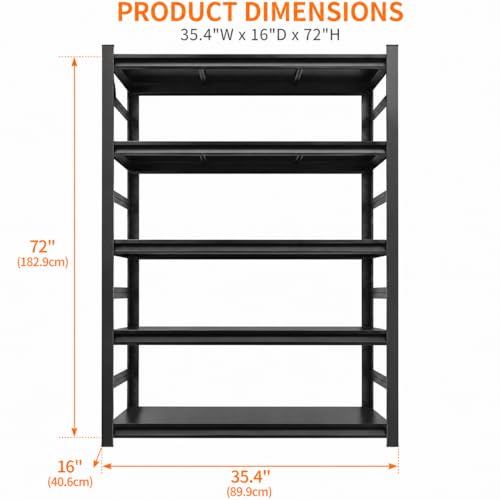 Image of Metal Garage Shelving Unit, Heavy Duty 5-Tier Adjustable Storage shelves, Steel Shelving, 3000 lbs Capacity, Industrial Shelves for Heavy Tools and Equipment, Ideal for Garage, Basement, Black, 72 inch