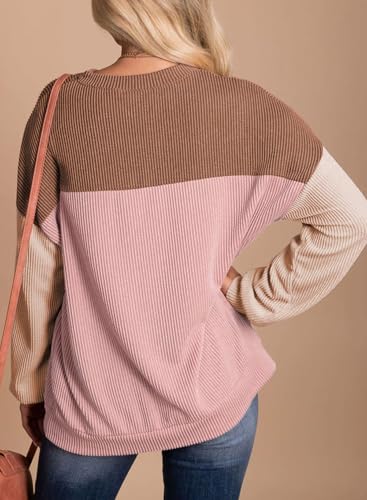 Image of Dokotoo Womens Tops Fashion 2026 Color Block Long Sleeve Shirts for Women Crewneck Knitted Casual Loose Blouses