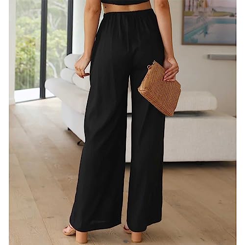 Image of Duyang Womens Cotton Linen Palazzo Pants Drawstring Elastic Waist Casual Wide Leg Trousers with Pockets
