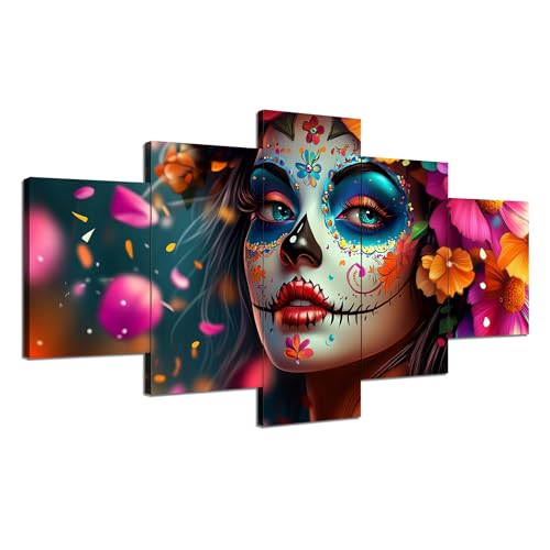 ARNLRDYA Arte de pared del Día de los Muertos con diseño de calavera de azúcar para niñas, pintura en lienzo, esqueleto mexicano, decoración de pared femenina con flores, marco listo para colgar para
