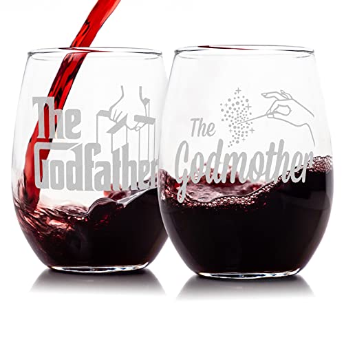 Godparent Wine Glass Gift Set Stemless Officially Licensed Collectible Premium Etched by Movies On Glass 15 Ounces