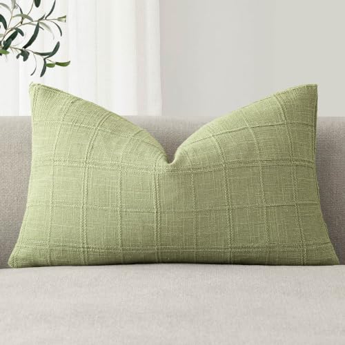 Image of Foindtower Set of 1 Decorative Linen Check Throw Pillow Cover Neutral Farmhouse Lumbar Cushion Cover Modern Boho Accent Home Decor for Sofa Chair Couch Bedroom Living Room,12x20 Inch,Light Green