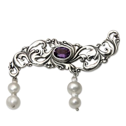 NOVICA Artisan Handmade Cultured Pearl Amethyst Brooch Pin Sterling Silver