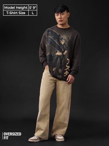Image of The Souled Store Black Clover: Asta Men and Boys Long Sleeves Round Neck Charcoal Grey Graphic Printed Anime Drop Shoulder Casual Drop Shoulder Oversized Full Sleeve T-Shirt