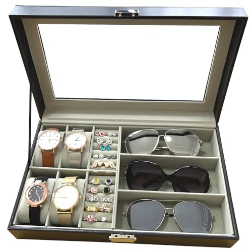 VOVEWAN Men Women Watch Box Watch Case Jewelry Organizer Holder Jewelry Display Box Case Glass Top Sunglasses Storage Organizer Lockable PU Leather