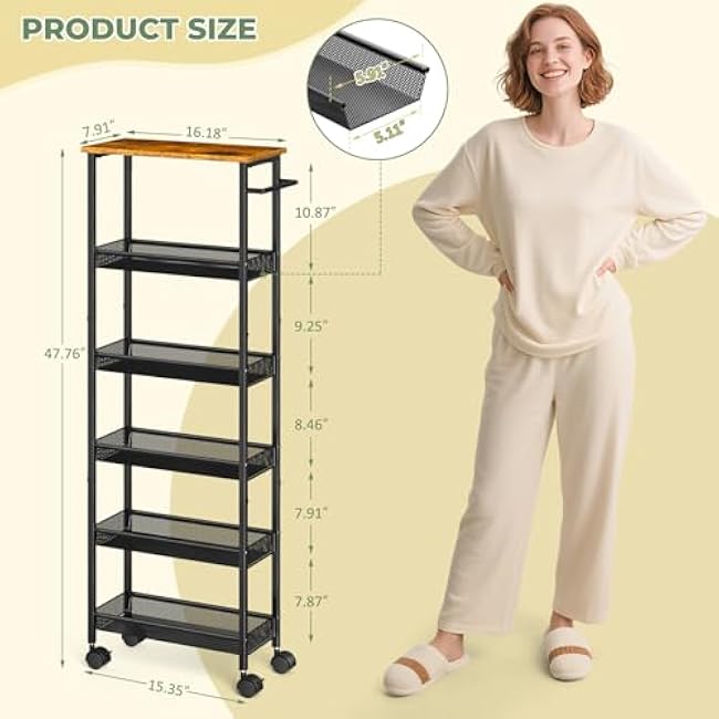 6 Tier Slim Storage Cart with Handle, Rolling Kitchen Laundry Room Storage Cart with Wooden Top, Narrow Metal Bathroom Trolley on Wheels for Small Space, Mobile Shelving Unit, 7.9in(W)-t2L9Zi34