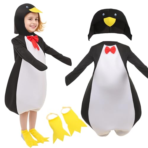 Costume de pingouin amusant avec combinaison à capuche, nœud papillon rouge et couvertures de nageoires, tenue de carnaval animal pour Halloween, carnaval, cosplay et fêtes, taille S