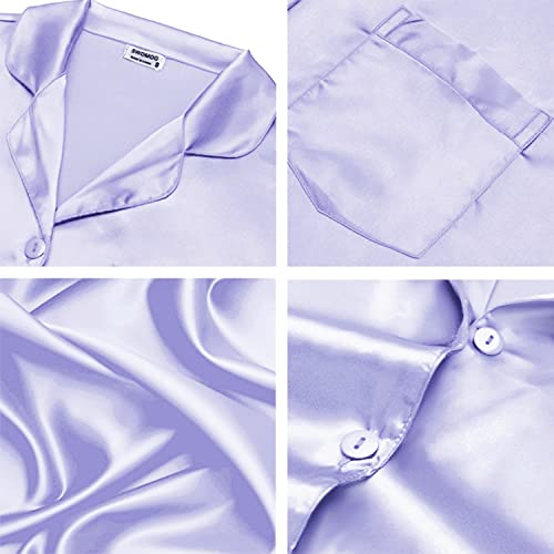 Image of SWOMOG Long Sleeve Pajamas Set Silk Satin Sleepwear Button Down Pjs Loungewear with Pocket