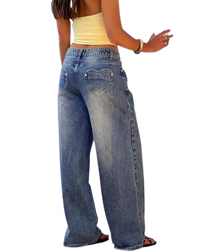 cffvdiz Women's Vintage Washed Heart Pocket Wide Leg Jeans Baggy