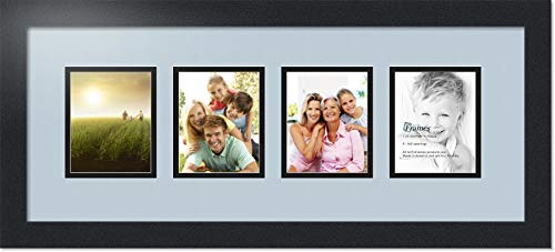 ArtToFrames Collage Photo Frame Double Mat with 4-4x5 Openings with Satin Black Frame and Baby Blue mat.