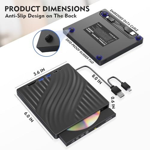Lecteur CD DVD externe multifonction 3 en 1 portable avec double interface USB-C et USB 3.2