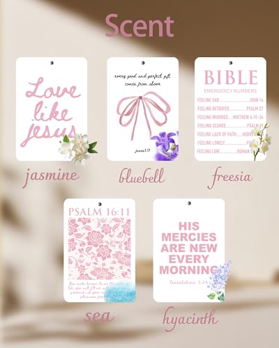 Image of Christian Car Air Freshener Pink Cute Girly Inspirational Coquette 5Pcs Jesus Bible Verses Bow Accessories Car Interior Hanging Scents Mirror Decor Gifts for Women Girls