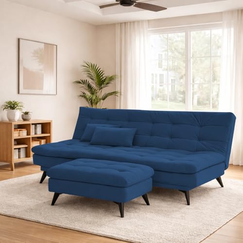 Image of Krancy Solid Wood 3 Seater Sofa Cum Bed with Ottomon | Convertible Wooden Couch for Living Room, Home & Office | Modern Designer Furniture | 1 Year Warranty | Blue Color