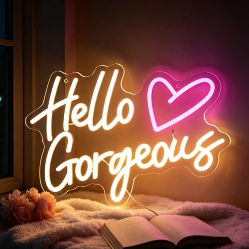Image of Hello Gorgeous Neon Signs Warm White LED Light Hello Beautiful Wall Decor for Home Decoration Wedding Birthday Backdrop Bacelorette Party Teen Girls Room With Dimmable Switch USB Power (5V, 16"x11")