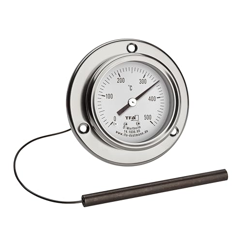 TFA Dostmann Termómetro analógico de acero inoxidable para pizza, 14.1036, adecuado para el horno de pizza, horno de piedra, horno de leña o barbacoa/ahumador, hasta 500 °C, con sensor de cable,