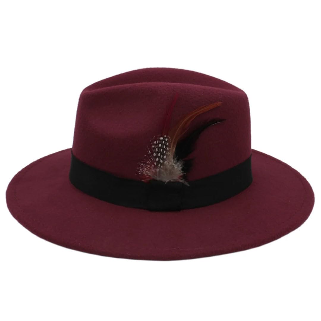Cappelli Panama in lana da uomo e da donna, a tesa larga, con fascia con piume, stile classico per feste
