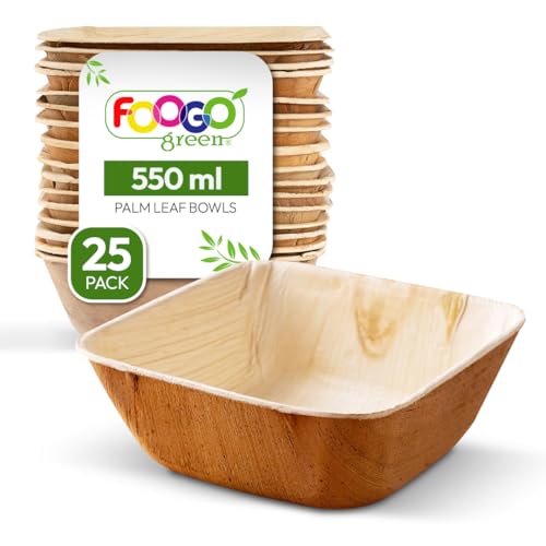 FOOGO Green 25pcs Disposable Palm Leaf Bowls, 5" (13cm) 19.4oz (550ml), for Soup, Desserts & Salad, Deep Square, Sturdy Eco Friendly Biodegradable, Bamboo, Wooden and Paper Bowls for Hot Food